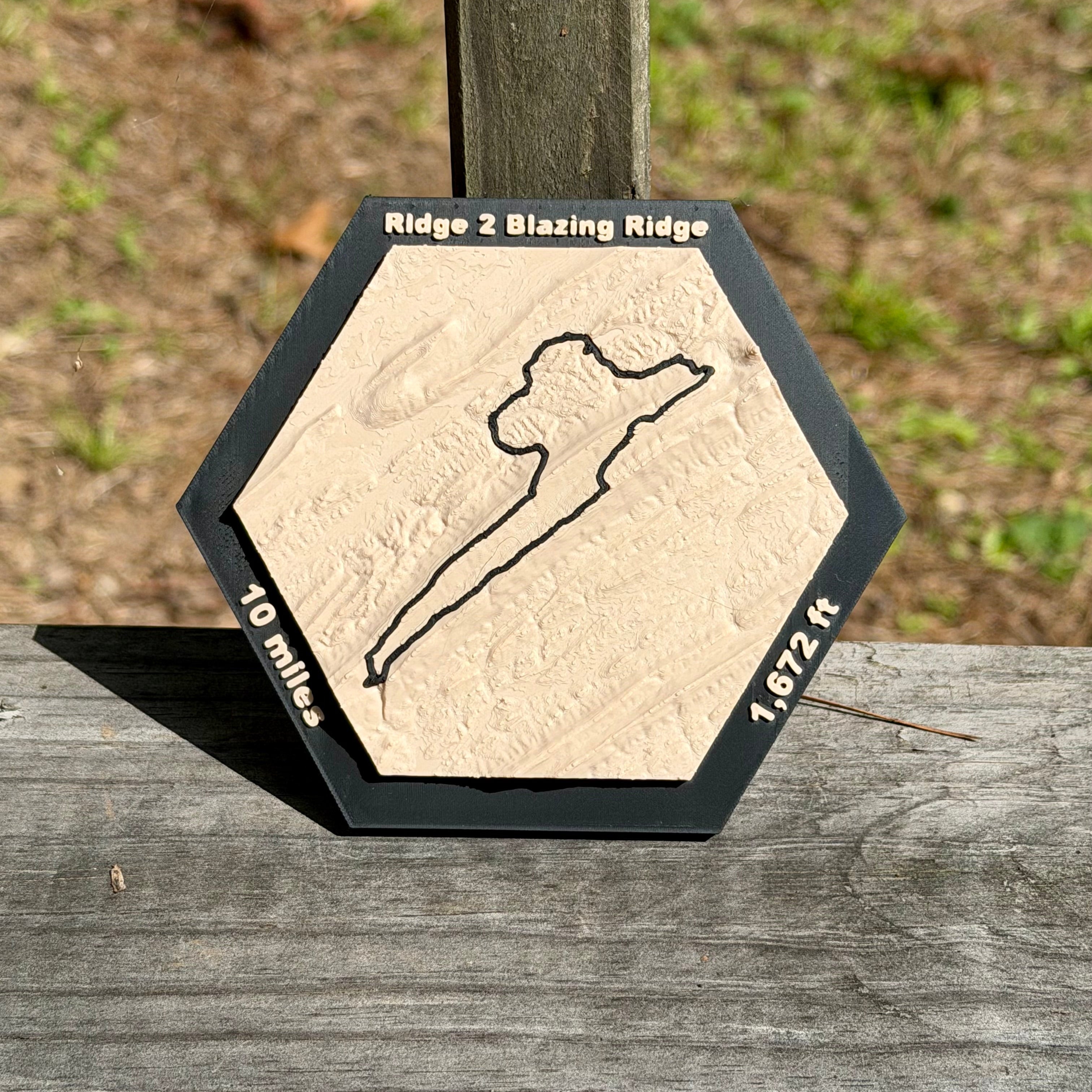 Ridge to Blazing Ridge 10-mile 3D topographic race map displayed outdoors