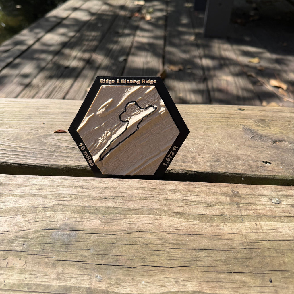 Ridge to Blazing Ridge 3D-printed race course map displayed outdoors