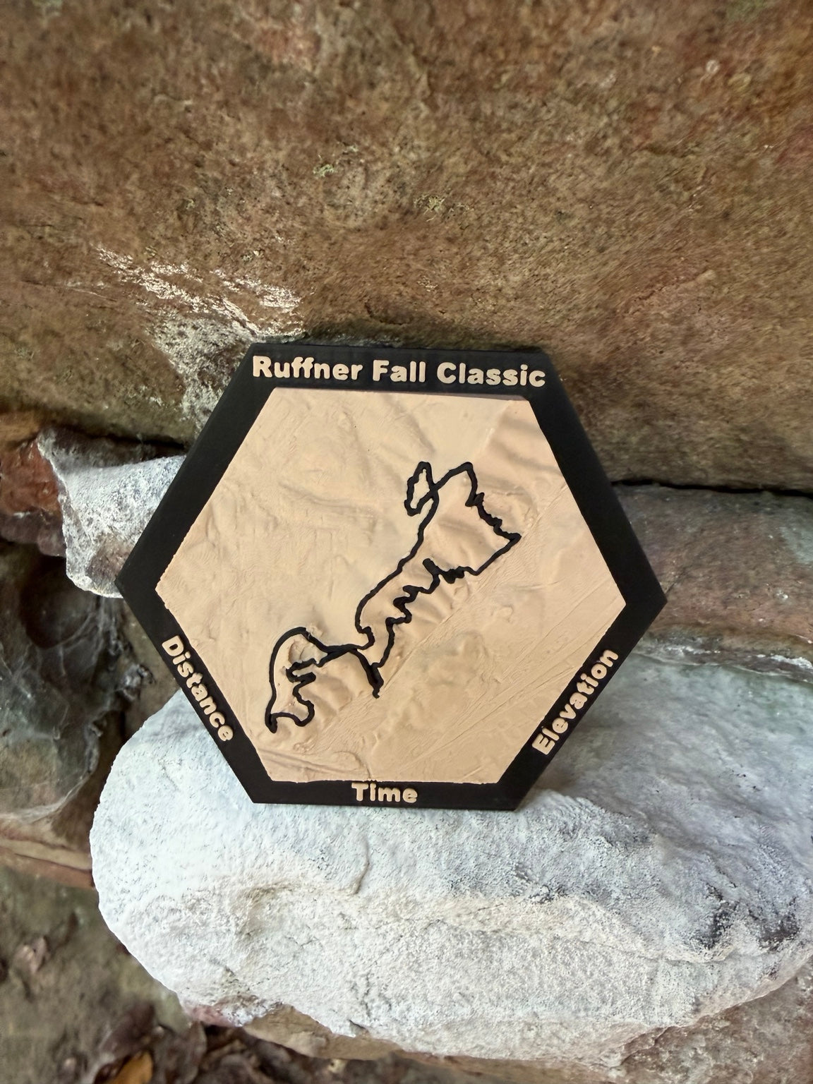 Ruffner Fall Classic personalized 3D topographic map showing distance, elevation, and finish time fields
