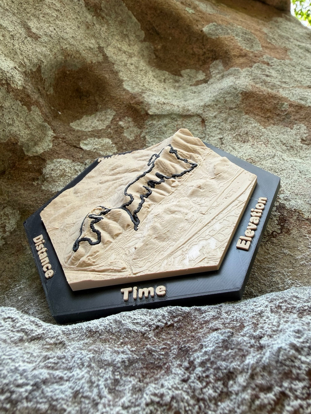Close-up of Ruffner Fall Classic 3D terrain and raised race route on a personalized topographic map