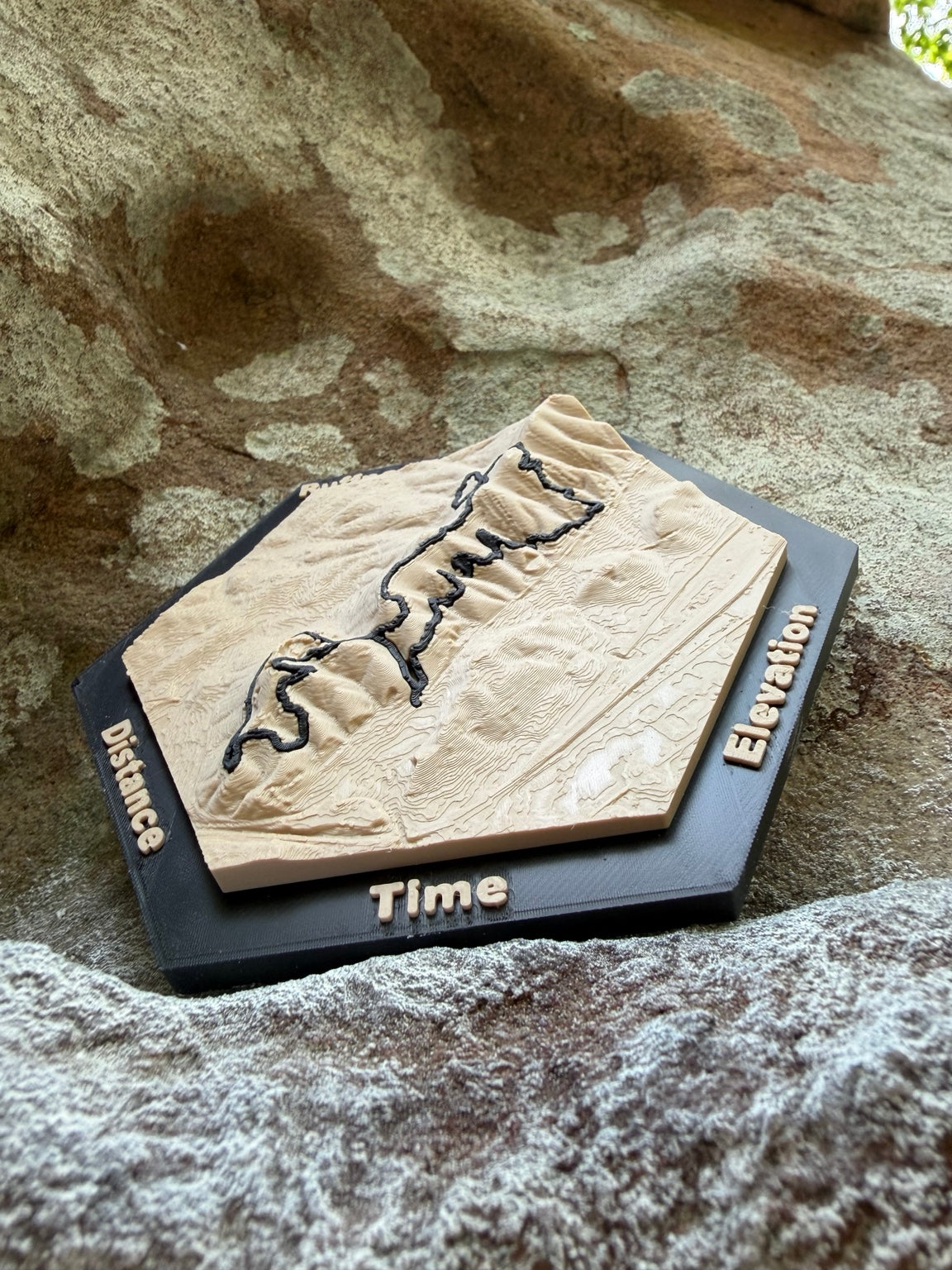 Close-up of Ruffner Fall Classic 3D terrain and raised race route on a personalized topographic map